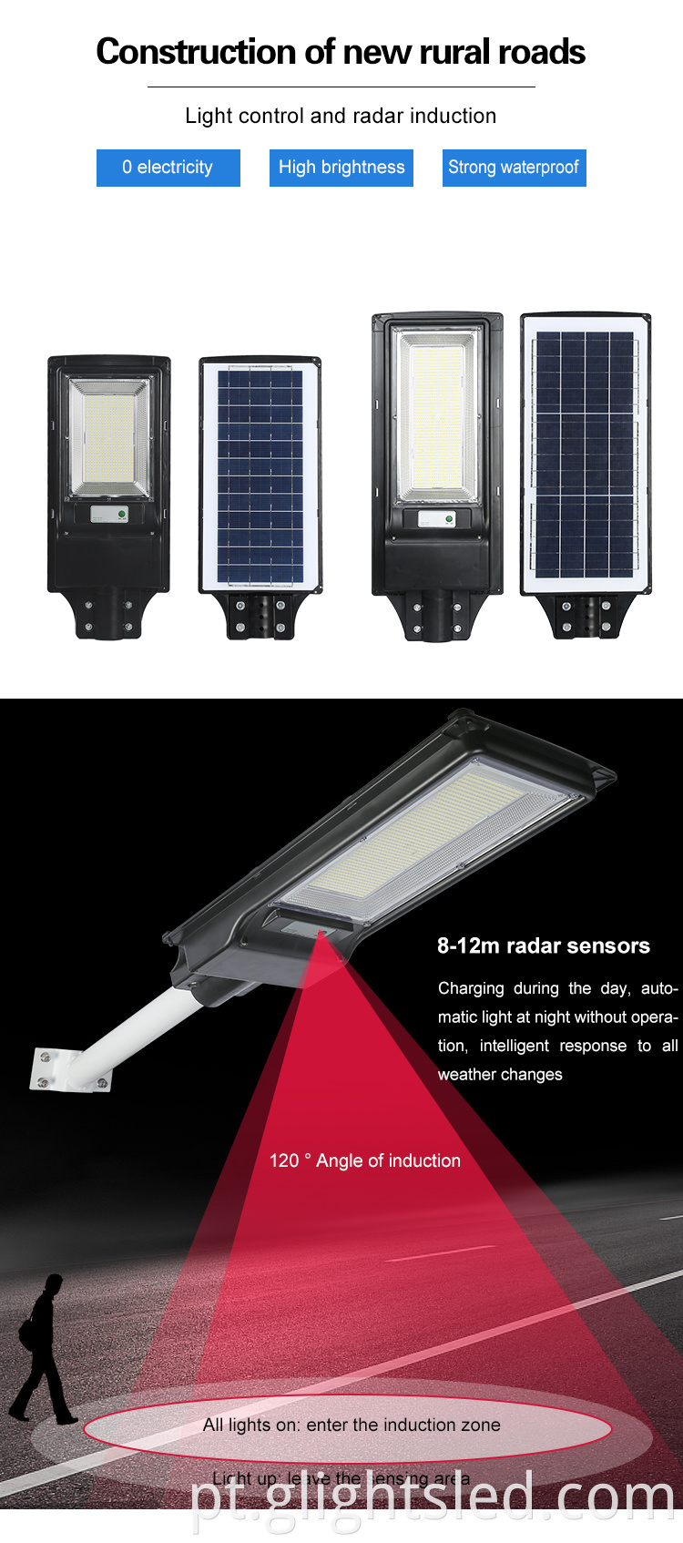 Abs de alta potência à prova d'água IP65 ao ar livre 100 watts 200 watts tudo em uma lâmpada de estrada LED solar integrada